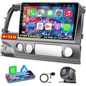 4G+64G Car Radio for Honda Civic 2006-2011 with Wireless Carpaly & Android Auto,10.1 Inch IPS Touch Screen Car Stereo with GPS Navigation/Bluetooth 5.2/FM/Backup Camera/WiFi/SWC/HiFi