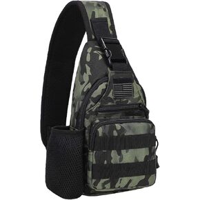 Tactical Sling Crossbody Backpack with Water Bottle Holder, MOLLE EDC Shoulder Sling Chest Bags with USB Charging Port for Travel Walk(Black)