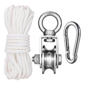 Heavy Duty Cable Single Pulley Block Wheel, with Ball Bearings for Wire Rope, with 32ft(10m) 0.31in(8mm) Nylon Rope and Clip, DIY Pulley System for Gym Equipment Workout, Winch, Lifting, 1Pack