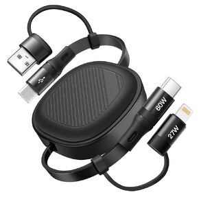 5-in-1 Retractable Multi Charging Cable Fast Charging 60W, USB A/C to C/Lightning Fast Charging Cord Multiple Charger Cord for iPhone Series, iPad, Samsung Series,MacBook,Tablets and All Devices