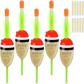 QualyQualy Lighted Fishing Slip Bobber 5Pcs Wood Slip Bobbers + 10Pcs Fishing Glow Sticks, Night Fishing Light Up Slip Bobber for Fishing Crappie Bluegill Trout Bass Panfish Catfish Walleye