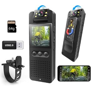 Body Cam, Bextgoo Body Camera with 64GB TF Card, Color Night Vision, 16MP Photo, Continuous & Timed Photoshoot, Bike Bracket, Magnetic Clip, Motorcycle Helmet Video Camera Camcorder for Cycling, Sport