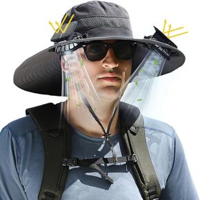 Wide Brim Solar Fan Outdoor Fishing Hat, 2 Solar Fan Hats for Men, USB & Solar Powered Fan Hat, Sombrero para el Sol Hombre, Sombrero con Ventilador Solar, Fan Hat Solar Powered UPF 50+ Grey