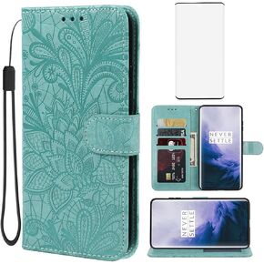 Case for OnePlus 7 Pro Case,OnePlus 7T Pro 5G GM1910 HD1911 Wallet Case with Tempered Glass Screen Protector, Lace Flower PU Leather Flip Credit Card Holder Phone Cover for OnePlus 7 Pro Purple in Saudi Arabia