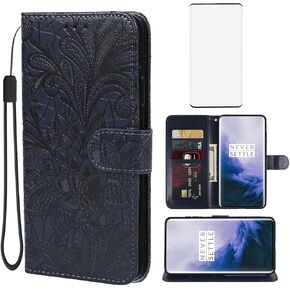Case for OnePlus 7 Pro Case,OnePlus 7T Pro 5G GM1910 HD1911 Wallet Case with Tempered Glass Screen Protector, Lace Flower PU Leather Flip Credit Card Holder Phone Cover for OnePlus 7 Pro Purple
