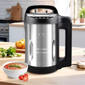 Homtone 1.6L Soup Maker Machine, Stainless Steel Programmable Soup Maker with Smooth & Chunky Settings, Anti-Dry Burn, Overfill Sensors, Self-Cleaning Mode for Quick Soups, Baby Food, Home Use Black