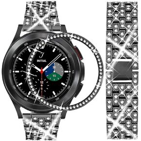 Bands Compatible with Samsung Galaxy Watch 4 Classic (46mm), 20mm Luxury Rhinestone Diamond Metal Steel Bracelet with Watch Face Bezel Ring Case Cover Replacement for Women Men (Rainbow)