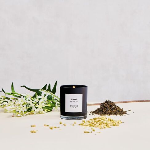 EMME nyc Sakura Scented Candle Jar - Wood Wick, Soy Wax, Natural, Non-Toxic, Pet-Safe, Up to 60 Hours Burn Time, Strong Scent, Cruelty-Free, Black Glass, 10 oz - Best Smelling Scented Candles in Saudi Arabia