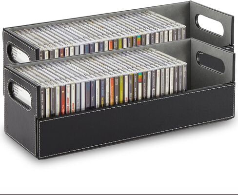 Stock Your Home 2- Pack CD Storage Box, Organizer Shelf for Movie Cases, DVDs, Cassette Tape Display Stand, Disc Holder Can Store Up to 40 CDs, Faux Leather (Black with Gray Interior) in Kuwait