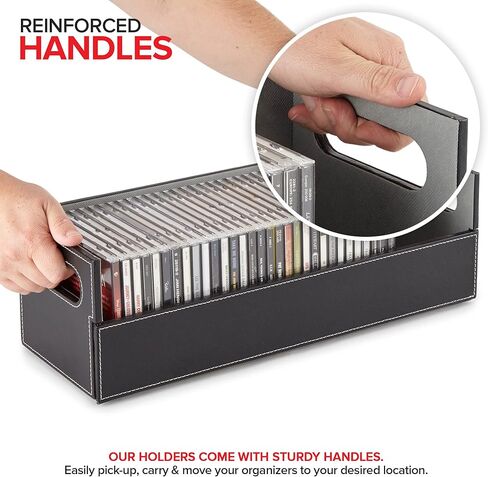 Stock Your Home 2- Pack CD Storage Box, Organizer Shelf for Movie Cases, DVDs, Cassette Tape Display Stand, Disc Holder Can Store Up to 40 CDs, Faux Leather (Black with Gray Interior) in Kuwait