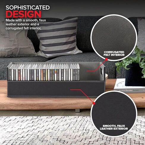 Stock Your Home 2- Pack CD Storage Box, Organizer Shelf for Movie Cases, DVDs, Cassette Tape Display Stand, Disc Holder Can Store Up to 40 CDs, Faux Leather (Black with Gray Interior) in Kuwait
