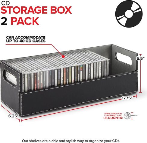Stock Your Home 2- Pack CD Storage Box, Organizer Shelf for Movie Cases, DVDs, Cassette Tape Display Stand, Disc Holder Can Store Up to 40 CDs, Faux Leather (Black with Gray Interior) in Kuwait
