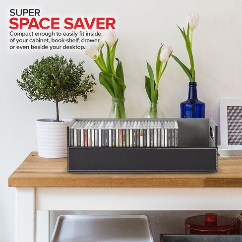 Stock Your Home 2- Pack CD Storage Box, Organizer Shelf for Movie Cases, DVDs, Cassette Tape Display Stand, Disc Holder Can Store Up to 40 CDs, Faux Leather (Black with Gray Interior) in Kuwait