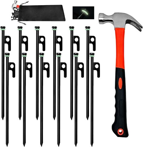 12Pcs Tent Stake with Hammer Set, 8in Tent Stakes Heavy Duty with 10.5in Camping Hammer, Storage Pouch, Forged Steel Tent Stakes for Camping Used on Rocks, Grassland(12Pcs 8in Stakes+Hammer) in Saudi Arabia