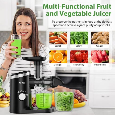 Aeitto Slow Masticating Juicer, Cold Press Jucier Machine with Soft & Hard Modes, Quiet Motor, Juicer Machines Vegetable and Fruit, Juice Extractor machine, Easy to Clean with Brush, Grey in Saudi Arabia