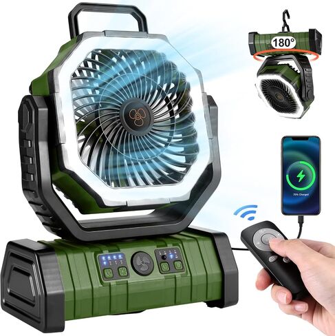 Odoland 30000mAh Camping Fan with LED Lantern, Rechargeable Battery Fan | Operated Oscillating Fan with Remote & Hook, Portable Tent Fan with Timer, 4 Speeds for Outdoor Camp RV Power Outage, Green in Saudi Arabia