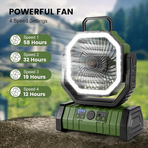 Odoland 30000mAh Camping Fan with LED Lantern, Rechargeable Battery Fan | Operated Oscillating Fan with Remote & Hook, Portable Tent Fan with Timer, 4 Speeds for Outdoor Camp RV Power Outage, Green in Saudi Arabia