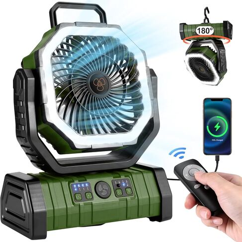 Odoland 30000mAh Camping Fan with LED Lantern, Rechargeable Battery Operated Oscillating with Remote Hook Stroage Bag, Portable Tent Fan with Timer, 4 Speeds for Outdoor RV Jobsite Power Outage, Green in Kuwait