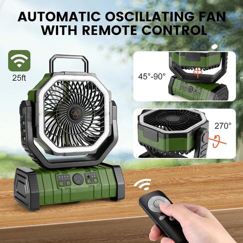 Odoland 30000mAh Camping Fan with LED Lantern, Rechargeable Battery Fan | Operated Oscillating Fan with Remote & Hook, Portable Tent Fan with Timer, 4 Speeds for Outdoor Camp RV Power Outage, Green in Saudi Arabia