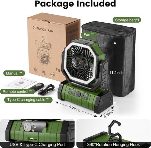 Odoland 30000mAh Camping Fan with LED Lantern, Rechargeable Battery Fan | Operated Oscillating Fan with Remote & Hook, Portable Tent Fan with Timer, 4 Speeds for Outdoor Camp RV Power Outage, Green in Saudi Arabia