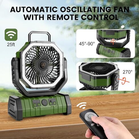 Odoland 30000mAh Camping Fan with LED Lantern, Rechargeable Battery Operated Oscillating with Remote Hook Stroage Bag, Portable Tent Fan with Timer, 4 Speeds for Outdoor RV Jobsite Power Outage, Green in Kuwait