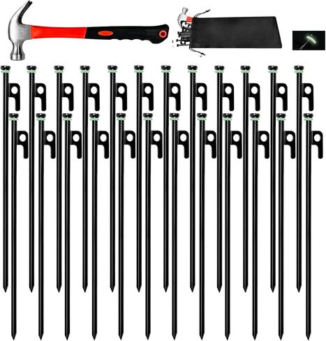 12Pcs Tent Stake with Hammer Set, 8in Tent Stakes Heavy Duty with 10.5in Camping Hammer, Storage Pouch, Forged Steel Tent Stakes for Camping Used on Rocks, Grassland(12Pcs 8in Stakes+Hammer) in Kuwait
