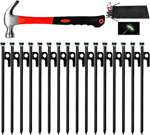 12Pcs Tent Stake with Hammer Set, 8in Tent Stakes Heavy Duty with 10.5in Camping Hammer, Storage Pouch, Forged Steel Tent Stakes for Camping Used on Rocks, Grassland(12Pcs 8in Stakes+Hammer) in Saudi Arabia