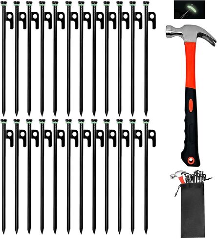 12Pcs Tent Stake with Hammer Set, 8in Tent Stakes Heavy Duty with 10.5in Camping Hammer, Storage Pouch, Forged Steel Tent Stakes for Camping Used on Rocks, Grassland(12Pcs 8in Stakes+Hammer) in Saudi Arabia