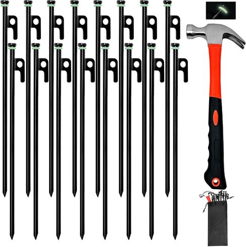 12Pcs Tent Stake with Hammer Set, 8in Tent Stakes Heavy Duty with 10.5in Camping Hammer, Storage Pouch, Forged Steel Tent Stakes for Camping Used on Rocks, Grassland(12Pcs 8in Stakes+Hammer) in Saudi Arabia