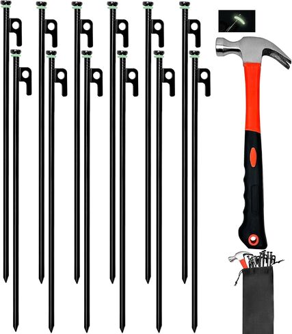 12Pcs Tent Stake with Hammer Set, 8in Tent Stakes Heavy Duty with 10.5in Camping Hammer, Storage Pouch, Forged Steel Tent Stakes for Camping Used on Rocks, Grassland(12Pcs 8in Stakes+Hammer) in Saudi Arabia