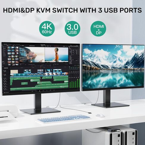 HDMI KVM Switch 2 Monitors 2 Computers, Dual Monitor KVM USB Switcher 4K@60Hz, HDMI Extended/Mirror Display for 2 PC Share 2 Monitors, with 3 USB 3.0 Port, Desktop Controller and 2 USB Cables in Saudi Arabia