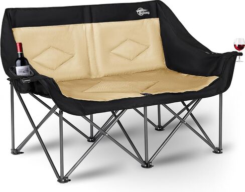 2 Person Camping Chair Camping Loveseat Oversized Double Folding Camping Chair Heavy Duty Camp Couch Love Seat Camping Chair Padded Camping Chair Lawn Chair for Adult - Support 650 lbs - Black in Saudi Arabia
