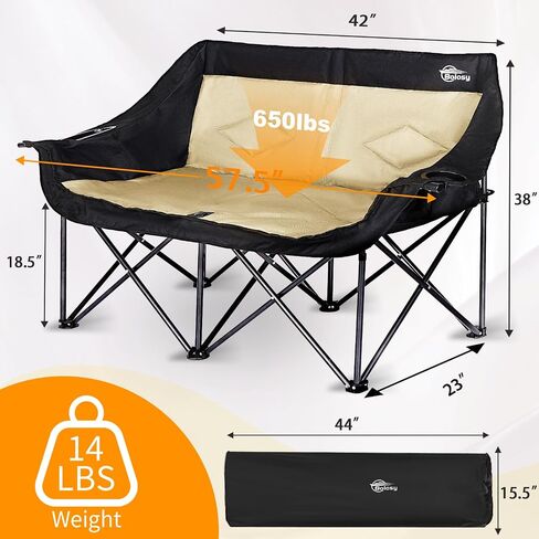 2 Person Camping Chair Camping Loveseat Oversized Double Folding Camping Chair Heavy Duty Camp Couch Love Seat Camping Chair Padded Camping Chair Lawn Chair for Adult - Support 650 lbs - Black in Saudi Arabia