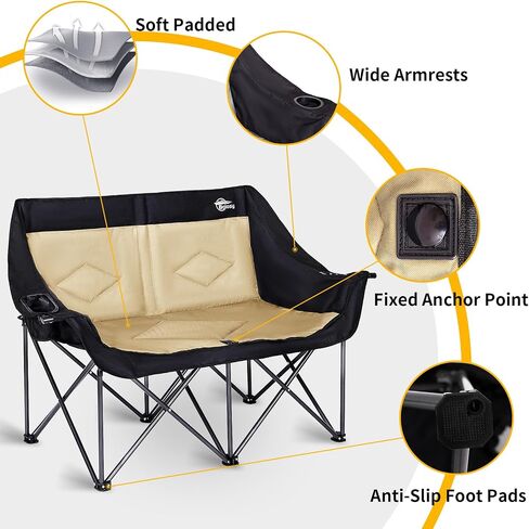 2 Person Camping Chair Camping Loveseat Oversized Double Folding Camping Chair Heavy Duty Camp Couch Love Seat Camping Chair Padded Camping Chair Lawn Chair for Adult - Support 650 lbs - Black in Saudi Arabia