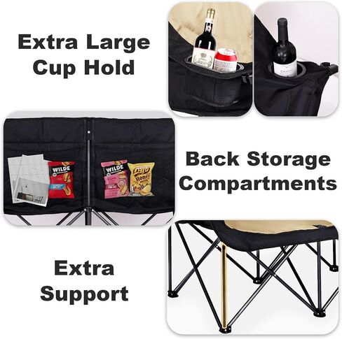 2 Person Camping Chair Camping Loveseat Oversized Double Folding Camping Chair Heavy Duty Camp Couch Love Seat Camping Chair Padded Camping Chair Lawn Chair for Adult - Support 650 lbs - Black in Saudi Arabia