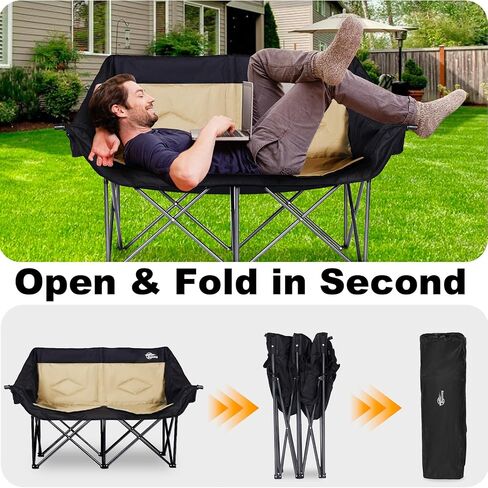 2 Person Camping Chair Camping Loveseat Oversized Double Folding Camping Chair Heavy Duty Camp Couch Love Seat Camping Chair Padded Camping Chair Lawn Chair for Adult - Support 650 lbs - Black in Saudi Arabia