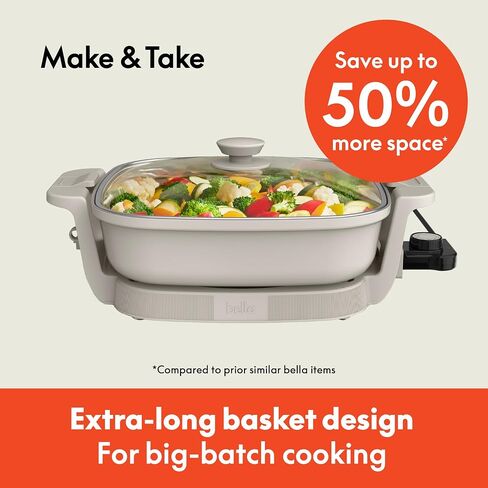 bella Make & Take Electric Skillet, Fits-anywhere™ kitchenware, EverGood™ Ceramic Coating, Adjustable Temperature & Dishwasher-Safe Tempered Glass Lid, Cast Aluminum Base, 1200 Watt, Oatmilk in Saudi Arabia