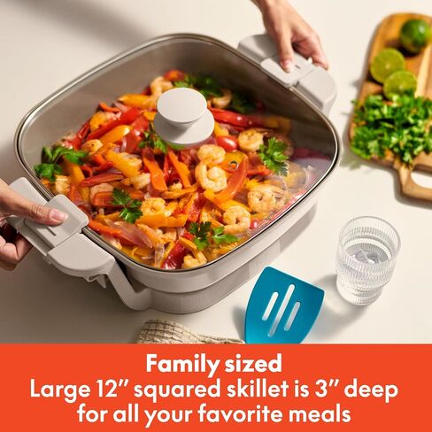 bella Make & Take Electric Skillet, Fits-anywhere™ kitchenware, EverGood™ Ceramic Coating, Adjustable Temperature & Dishwasher-Safe Tempered Glass Lid, Cast Aluminum Base, 1200 Watt, Oatmilk in Saudi Arabia