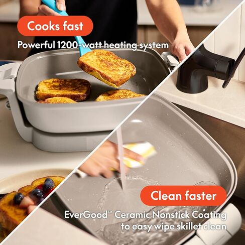 bella Make & Take Electric Skillet, Fits-anywhere™ kitchenware, EverGood™ Ceramic Coating, Adjustable Temperature & Dishwasher-Safe Tempered Glass Lid, Cast Aluminum Base, 1200 Watt, Oatmilk in Saudi Arabia
