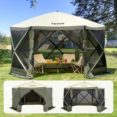 VEVOR Pop Up Gazebo Screen Tent, Instant Gazebo Tent with Mosquito Netting Outdoor Canopy, 6 Sided Sun Shelter 12x12ft w/ 6 Removable Wind Cloths & 2 Mesh Windows, Pavilion Tent for Patio, Army Green in Kuwait