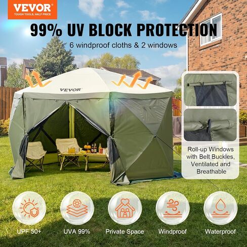 VEVOR Pop Up Gazebo Screen Tent, Instant Gazebo Tent with Mosquito Netting Outdoor Canopy, 6 Sided Sun Shelter 12x12ft w/ 6 Removable Wind Cloths & 2 Mesh Windows, Pavilion Tent for Patio, Army Green in Kuwait