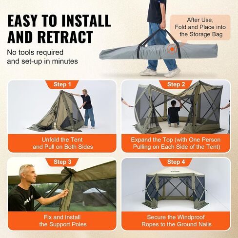 VEVOR Pop Up Gazebo Screen Tent, Instant Gazebo Tent with Mosquito Netting Outdoor Canopy, 6 Sided Sun Shelter 12x12ft w/ 6 Removable Wind Cloths & 2 Mesh Windows, Pavilion Tent for Patio, Army Green in Kuwait