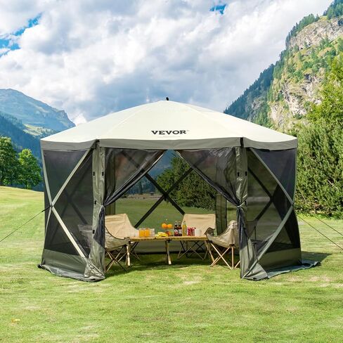 VEVOR Pop Up Gazebo Screen Tent, Instant Gazebo Tent with Mosquito Netting Outdoor Canopy, 6 Sided Sun Shelter 12x12ft w/ 6 Removable Wind Cloths & 2 Mesh Windows, Pavilion Tent for Patio, Army Green in Kuwait