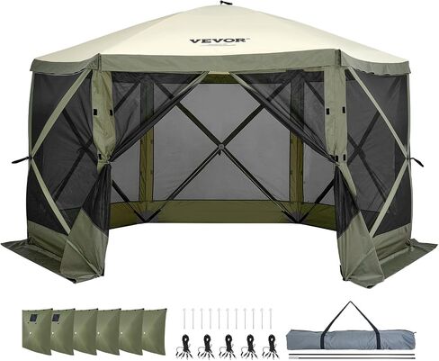 VEVOR Pop Up Gazebo Screen Tent, Instant Gazebo Tent with Mosquito Netting Outdoor Canopy, 6 Sided Sun Shelter 12x12ft w/ 6 Removable Wind Cloths & 2 Mesh Windows, Pavilion Tent for Patio, Army Green in Kuwait