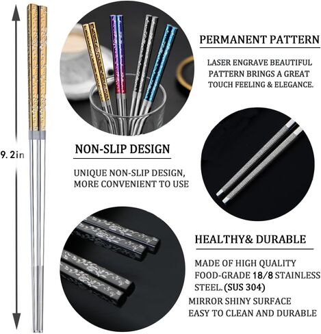 Metal Chopsticks 18/10 Stainless Steel Reusable Chopsticks Cute Laser Engraved Non-slip Korean Japanese Chinese Chopsticks,18/10 Stainless steel Dishwasher Safe for Cooking Eating 9 1/4 Inches 5 Pairs in Kuwait