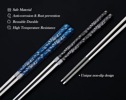 Metal Chopsticks 18/10 Stainless Steel Reusable Chopsticks Cute Laser Engraved Non-slip Korean Japanese Chinese Chopsticks,18/10 Stainless steel Dishwasher Safe for Cooking Eating 9 1/4 Inches 5 Pairs in Kuwait