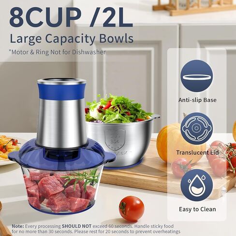 Electric Food Processor with 8 Cup+8 Cup Stainless Steel & Glass Bowls, 2 Speed Mode Meat Grinder with 2 Sets Blades, Food Chopper for Family & Baby Food, Meat, Fruit, Onion, Vegetables (Blue) in Saudi Arabia