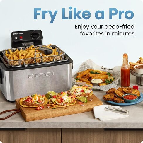 Chefman Deep Fryer, 4.5 Quart / 18 Cup XL with Basket Strainer, Removable Oil Container, Windowed Lid & Adjustable Temperature – Perfect for Fried Chicken, French Fries & Chips – Stainless Steel in Kuwait