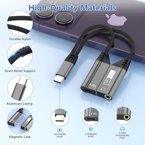 Magnetic 2-IN-1 Lightning to 3.5mm Audio Jack Headphone and Charge Cable Adapter for iPhone，【Apple MFi Certified】Earphone Converter Splitter Support Music+Charge+HiFi+Mic for iPhone 14 Pro/14 13 12 11 in Saudi Arabia