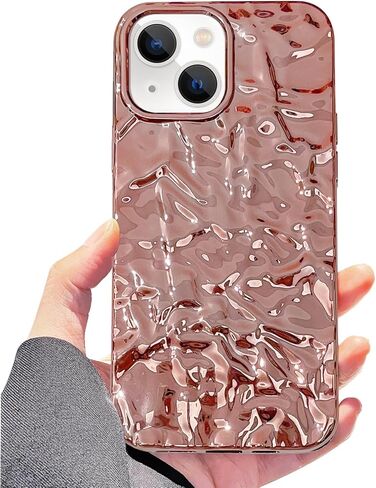 Losin Compatible with iPhone 15 Glitter Case Luxury Cute 3D Tin Foil Pleated Phone Case for Women Girls Bling Plating Phone Case Soft Silicone Slim Shockproof Protective Cover, Rose in Saudi Arabia